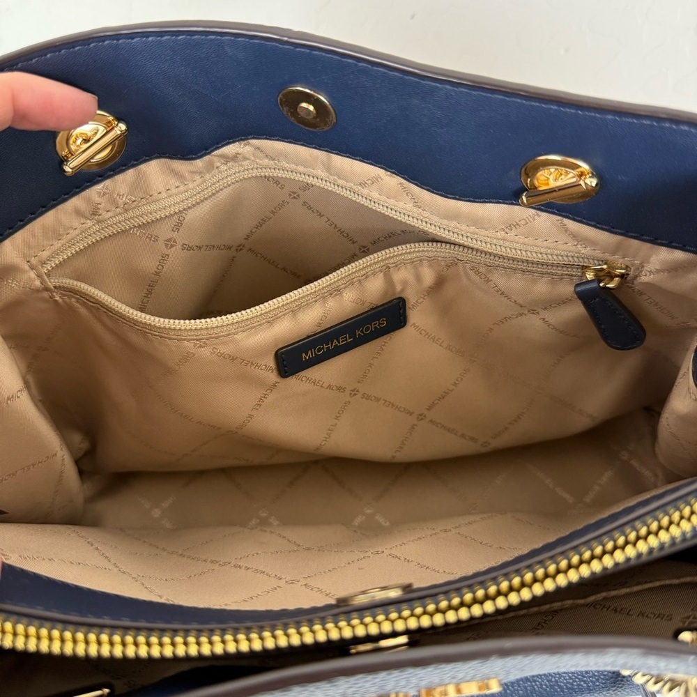 Michael Kors Navy Blue Large Teagan Large Pebbled Leather Shoulder Bag Purse - Picture 9 of 12